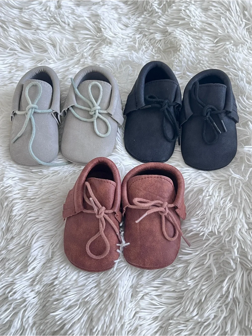 Baby Suede Moccasins in Gray, Black & Rust - Soft Tie Closure